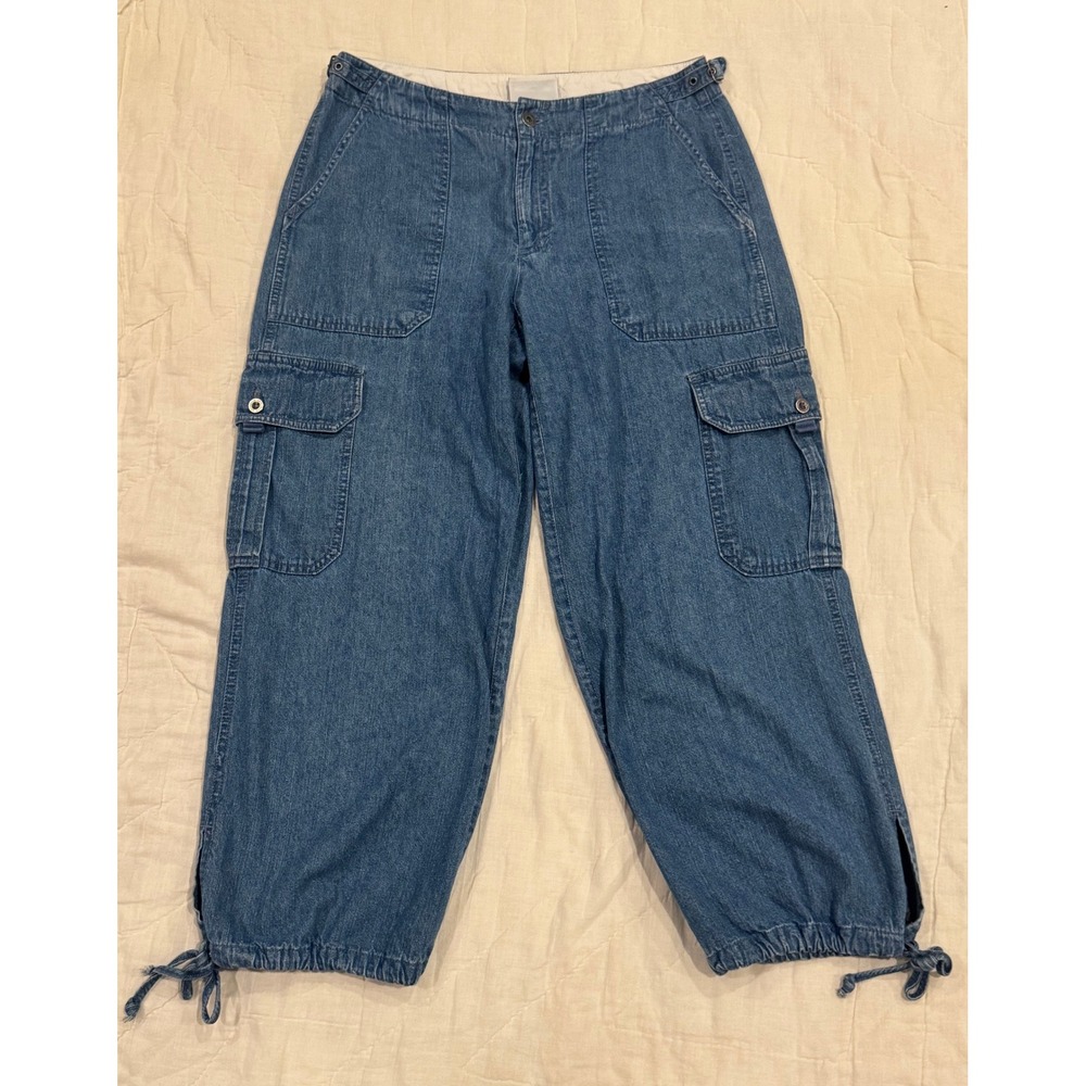 Liz Claiborne Womens Cargo Denim Capri Blue Denim Cinch Hem Utility Pants Size 8